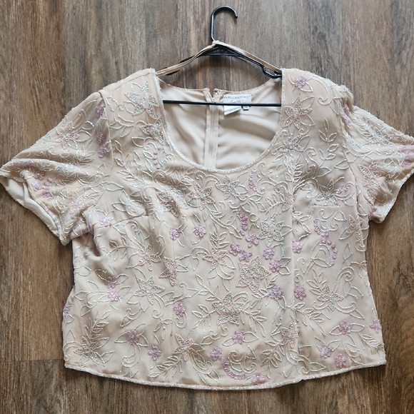 Papell Boutique Evening Silk Beaded Floral Tan Cream Short Sleeve Blouse Sz 24W - Picture 8 of 8